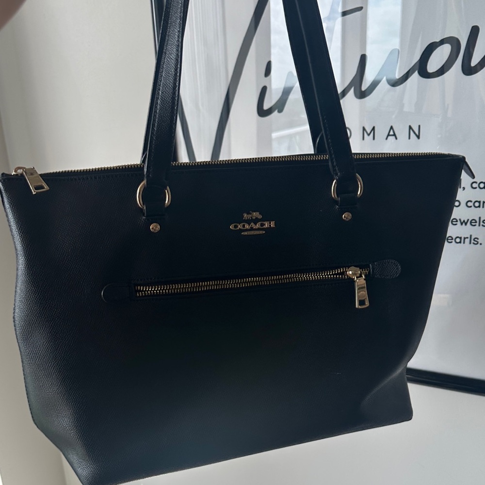 Station Tote Bag Coach Black Leather Tote with Gold Accents